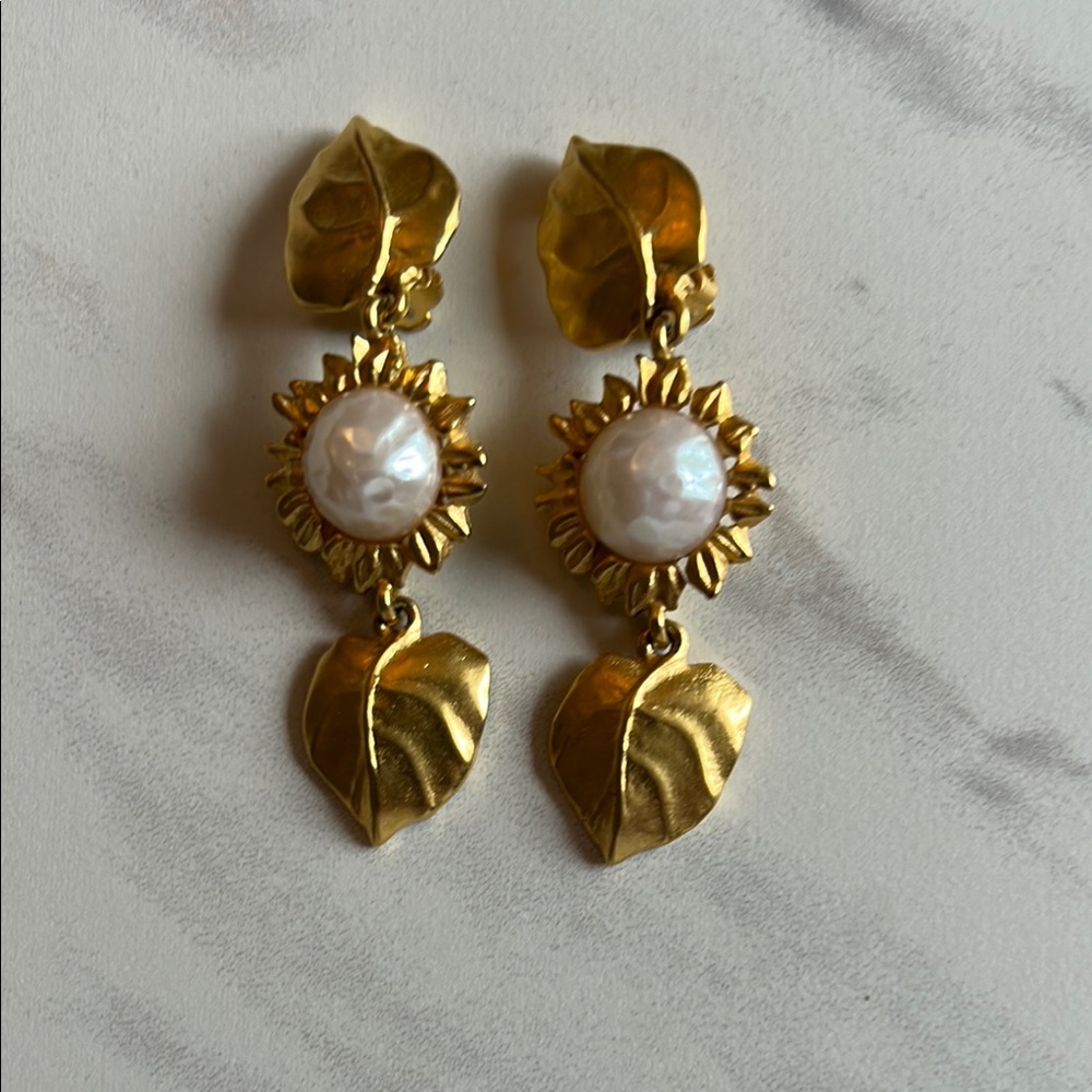 Karl Lagerfeld Vintage Gold and Pearl Leaf Earrings
